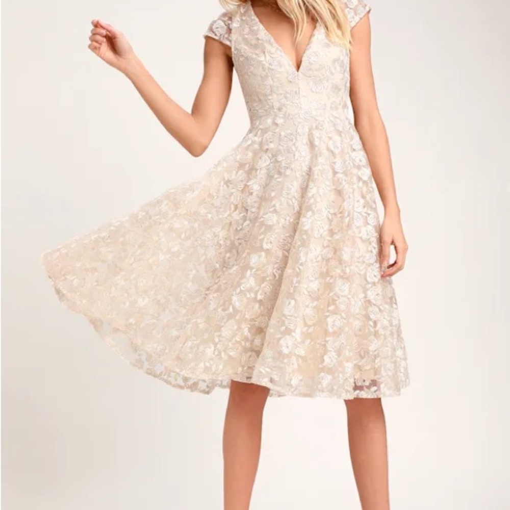 Lulus Jacqueline Champagne Floral Embroidered Backless Midi Dress